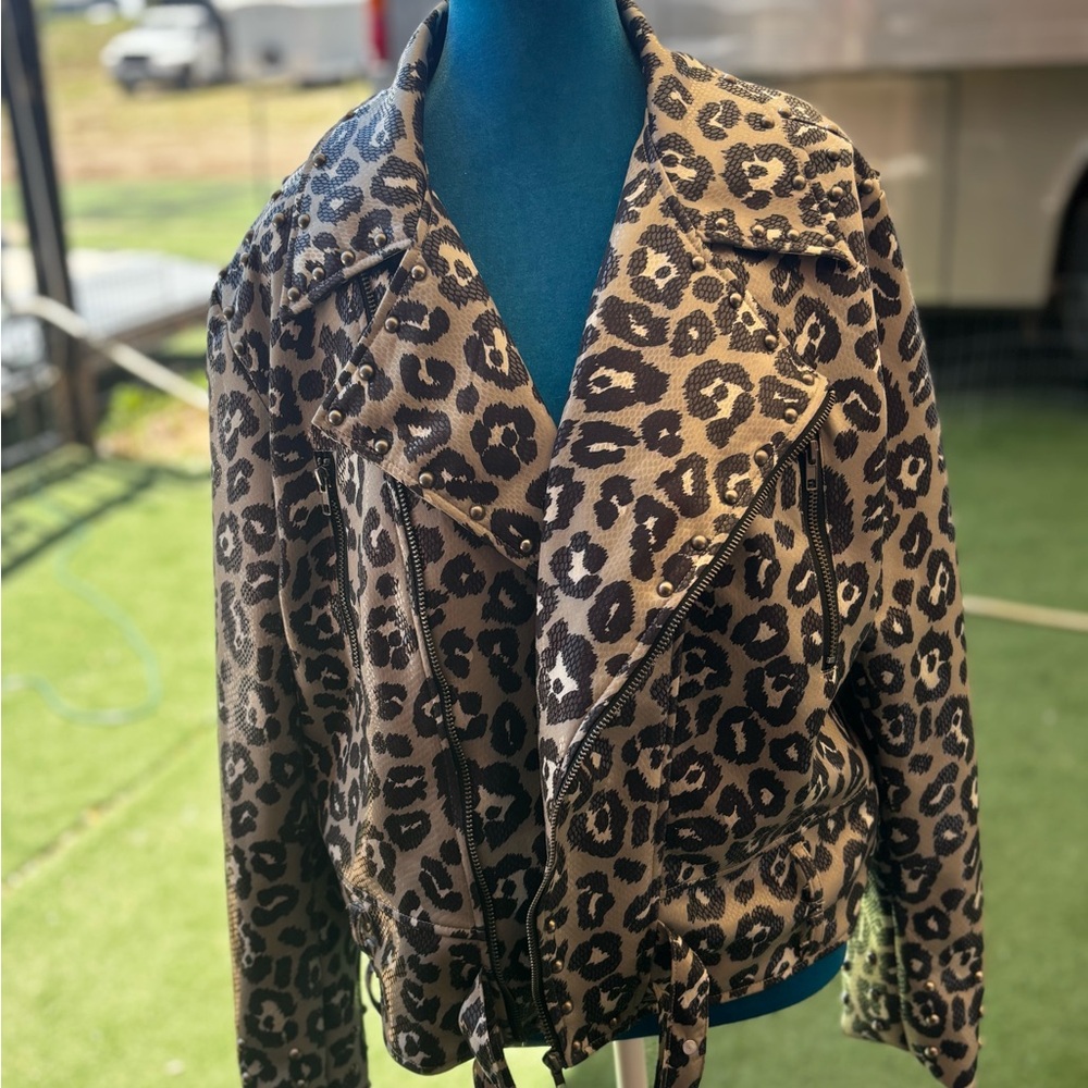 Leopard Print Faux Leather Snakeskin Women's Moto Jacket EUC